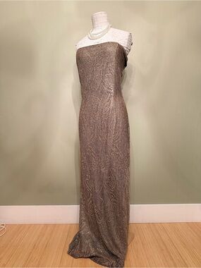 Vintage Jessica McClintock Gunne Sax Metallic Gold Strapless Maxi Dress, Size 13